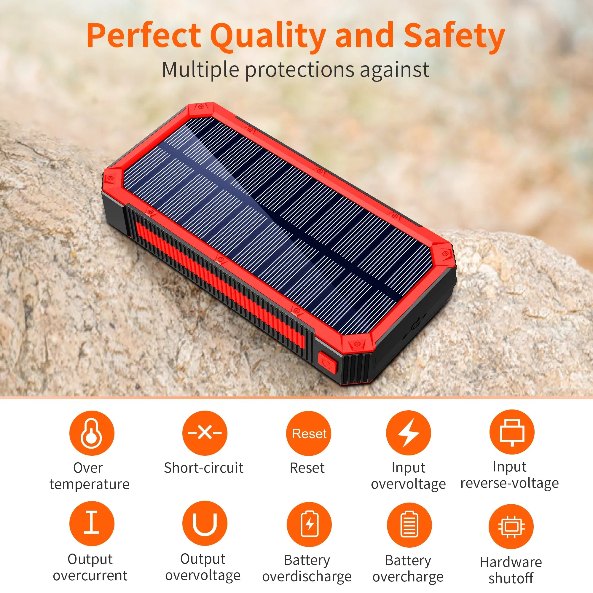 Portable Solar Power Bank 30000mAh, Wireless Solar Charger External Backup Battery, 3 Fast Charger Output Ports & 4 LED Flashlight