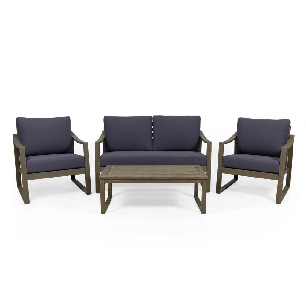 GDF Studio Johnlucas Outdoor Acacia Wood 4 Seater Chat Set with Cushions, Gray and Dark Gray