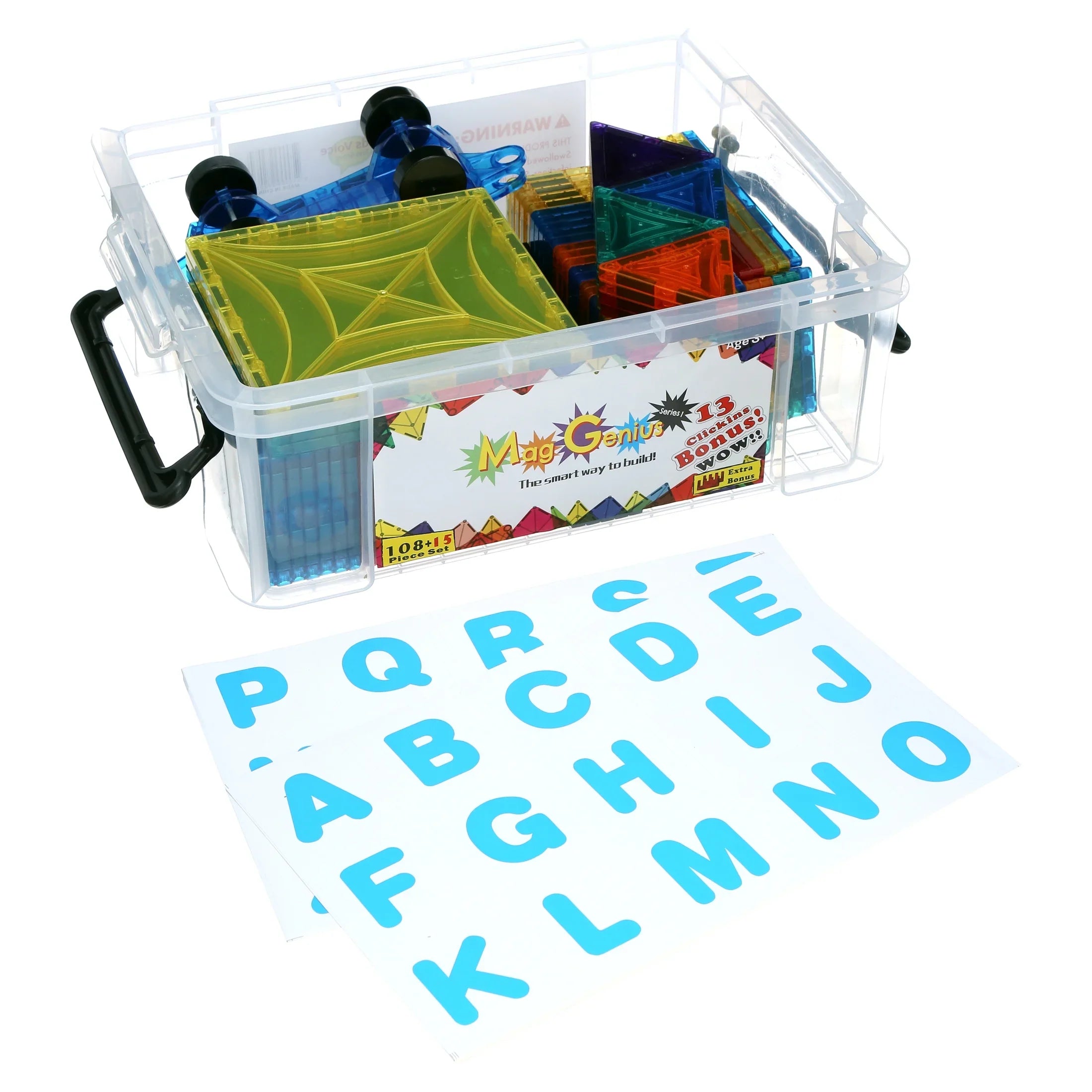Mag-Genius Award Winning building Magnet Tiles Clear Colours 3D Brain Building Blocks Set of 105 + Pieces Includes 2 Cars And Free Storage Bin