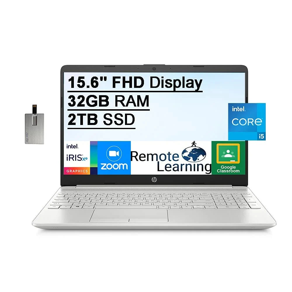 2021 15.6" FHD Mobile pc Computer, 11th Gen Core i5-1135G7(Beats i7-1065g7), 32GB DDR4 RAM, 2TB PCIe SSD, Iris Xe Graphics, HD Webcam, Stereo Speakers, Windows 10, Silver, 32GB USB Card