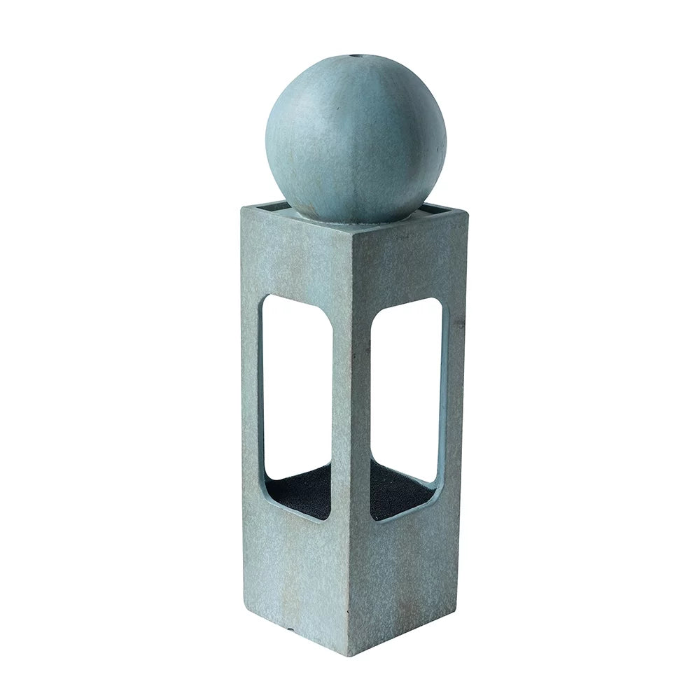 CoSoTower 13X13X44" Tall Contemporary Sphere Outdoor Liquid Fountain, Cement/Concrete Outdoor Fountain, Antique Blue Raindrop Fluid Feature with Light for Garden, Lawn, Deck & Patio