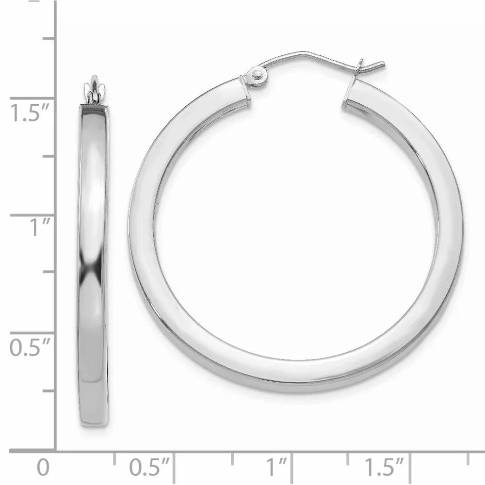 Real 14kt White Gold 3mm Polished Princess Square Tube Hoop Earrings; for Adults and Teens; for Women and Men