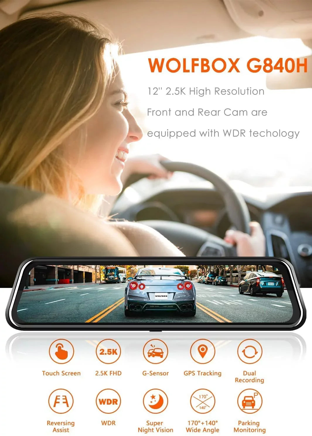 WOLFBOX Rear View Mirror Camera, 2.5K Front and 1080P Rear Camera, 12'' Mirror Dash Cam with Night Vision, Built-in Wi-Fi GPS, Parking Monitor, Free 32GB Card
