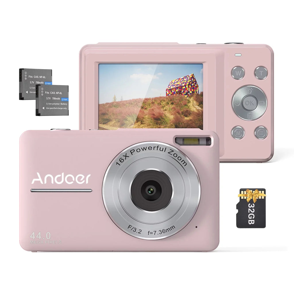 Andoer Portable 1080P Digital Video Camcorder 44MP Auto Focus 2.5 IPS Monitor 16X Digital Zoom -shake Face Detect Smile Capture with 32GB Memory 2pcs Batteries Christmas Gift for Teens