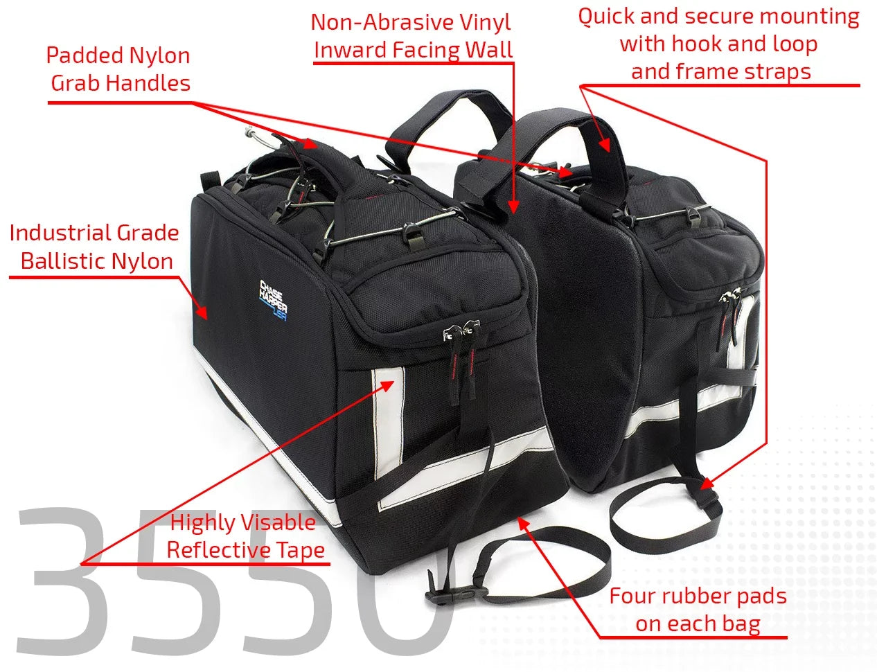 Chase Harper USA 3550 Aeropac II Saddle Bags - Liquid Industrial Grade Ballistic Nylon w/Thermoplastic Insert, Anti-Scratch Vinyl on Inward Facing Wall, 14" L x 9" W x 10.5" H (Per Side)