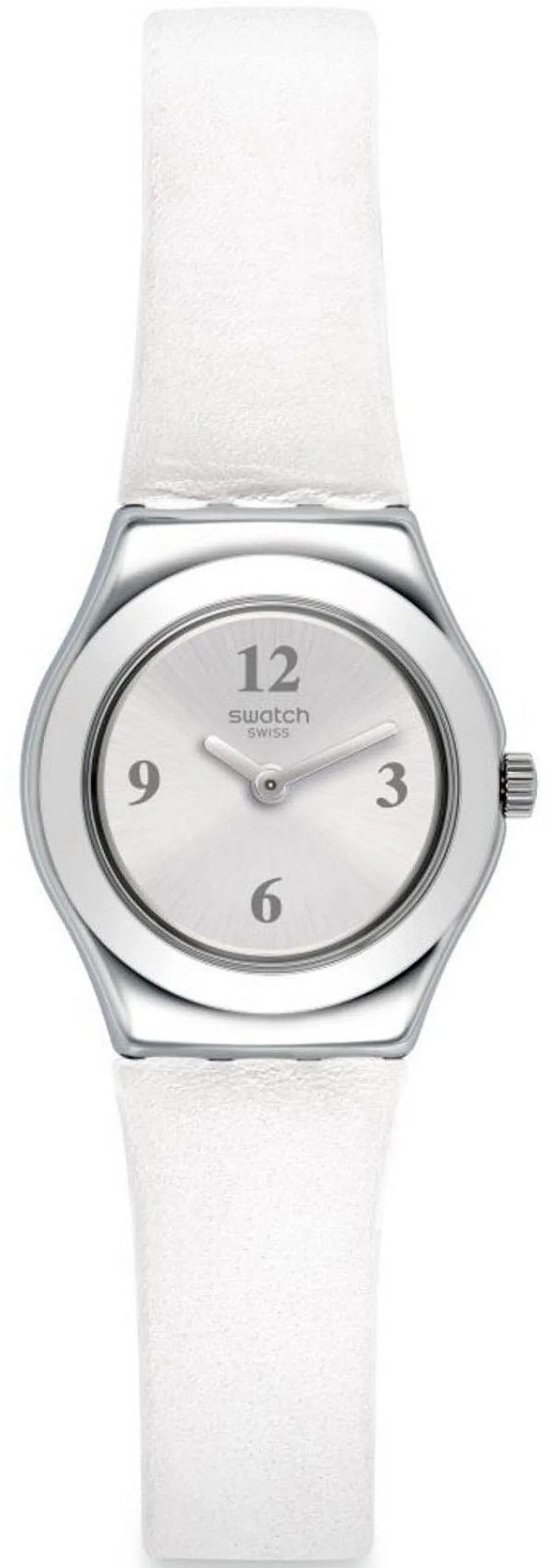 Swatch YSS296 Silver Tone Dial White Leather Strap Women's Watch