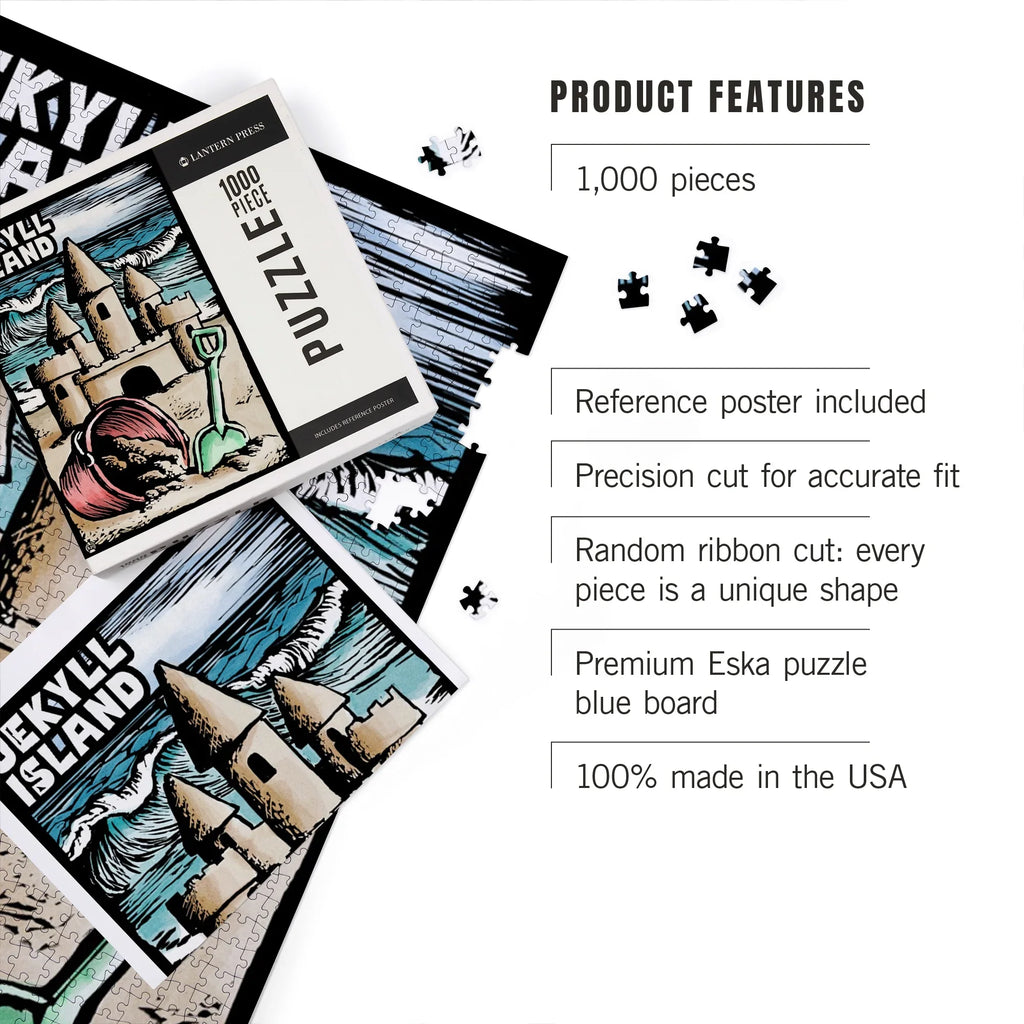 Lantern Press 1000 Piece Jigsaw Puzzle, Jekyll Island, Georgia, Sand Castle, Scratchboard