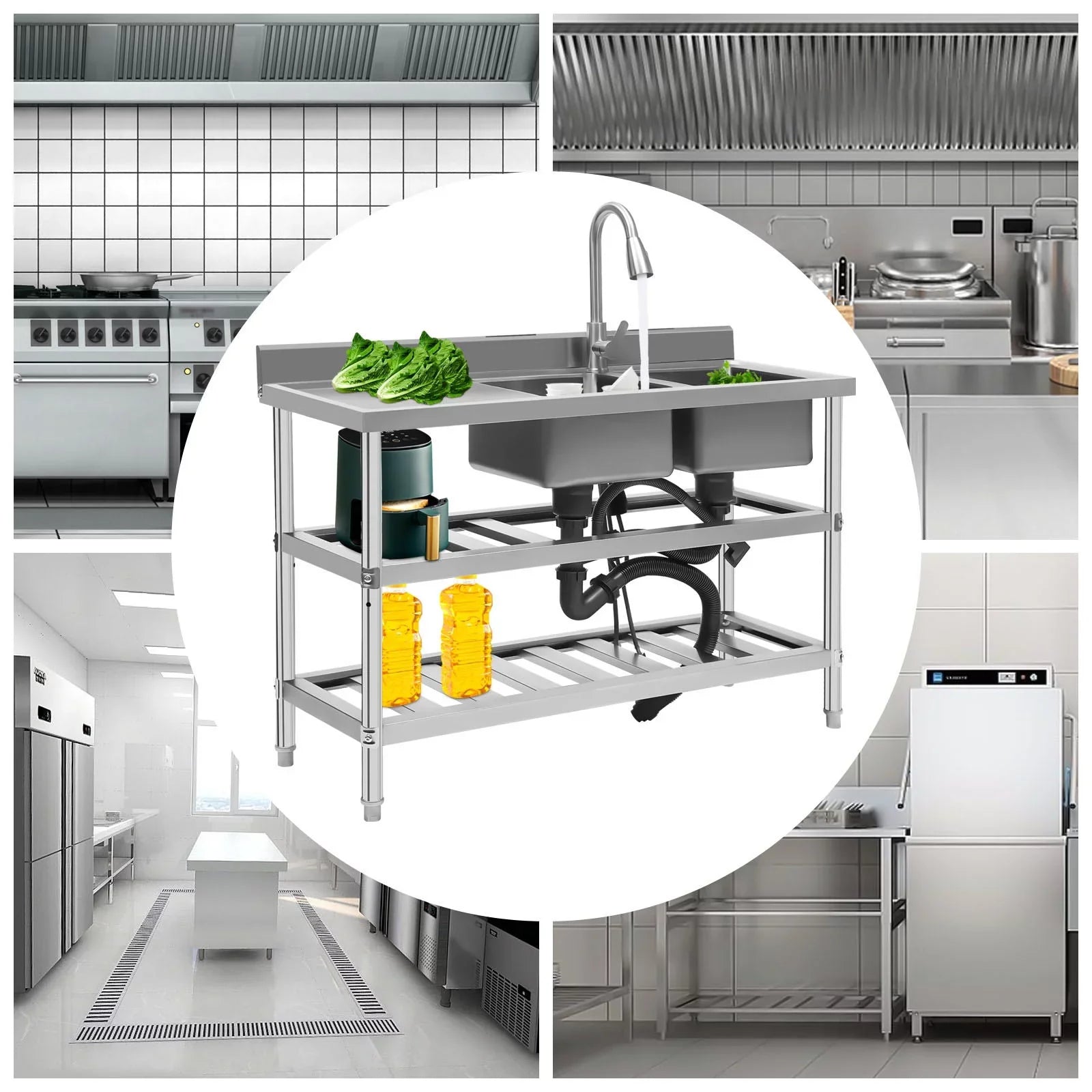 Wuzstar Commercial Utility Sink, Stainless Steel Double Bowl Kitchen Sink with Hot and Cold High Faucet