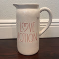 Rae Dunn LOVE POTION Ceramic Double-sided Pitcher 9" H Reverse side has recipe for love Ivory with Red LL Letters Valentine's Day