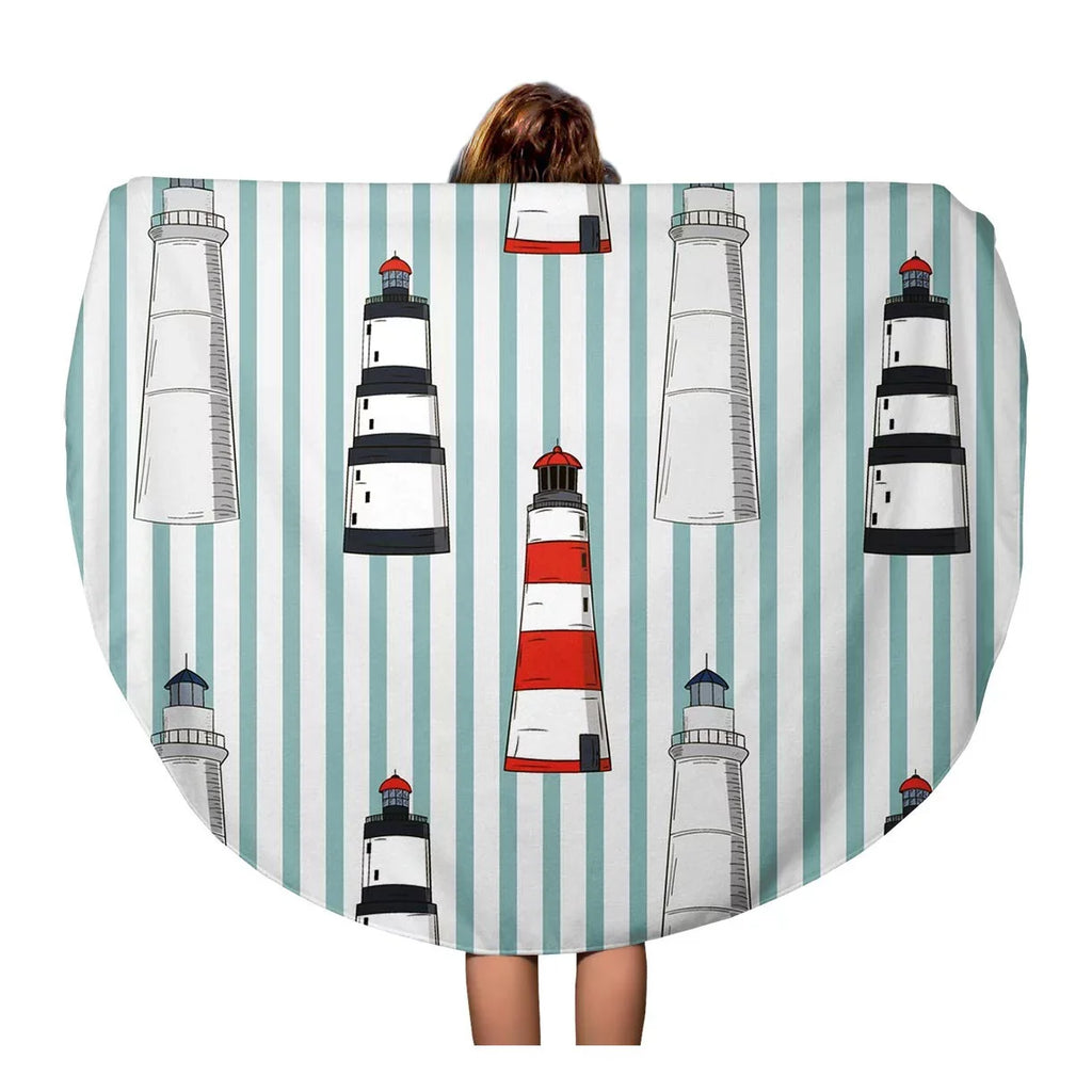 SIDONKU 60 inch Round Beach Towel Blanket Blue Abstract Pattern Different Lighthouses Stripped Red Beach Boat Travel Circle Circular Towels Mat Tapestry Beach Throw