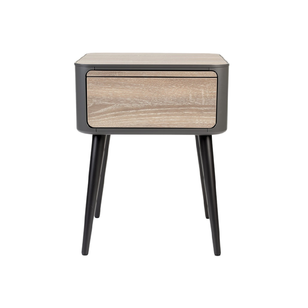 Modern Minimalist Nightstand with Wood Finish and Black Legs
