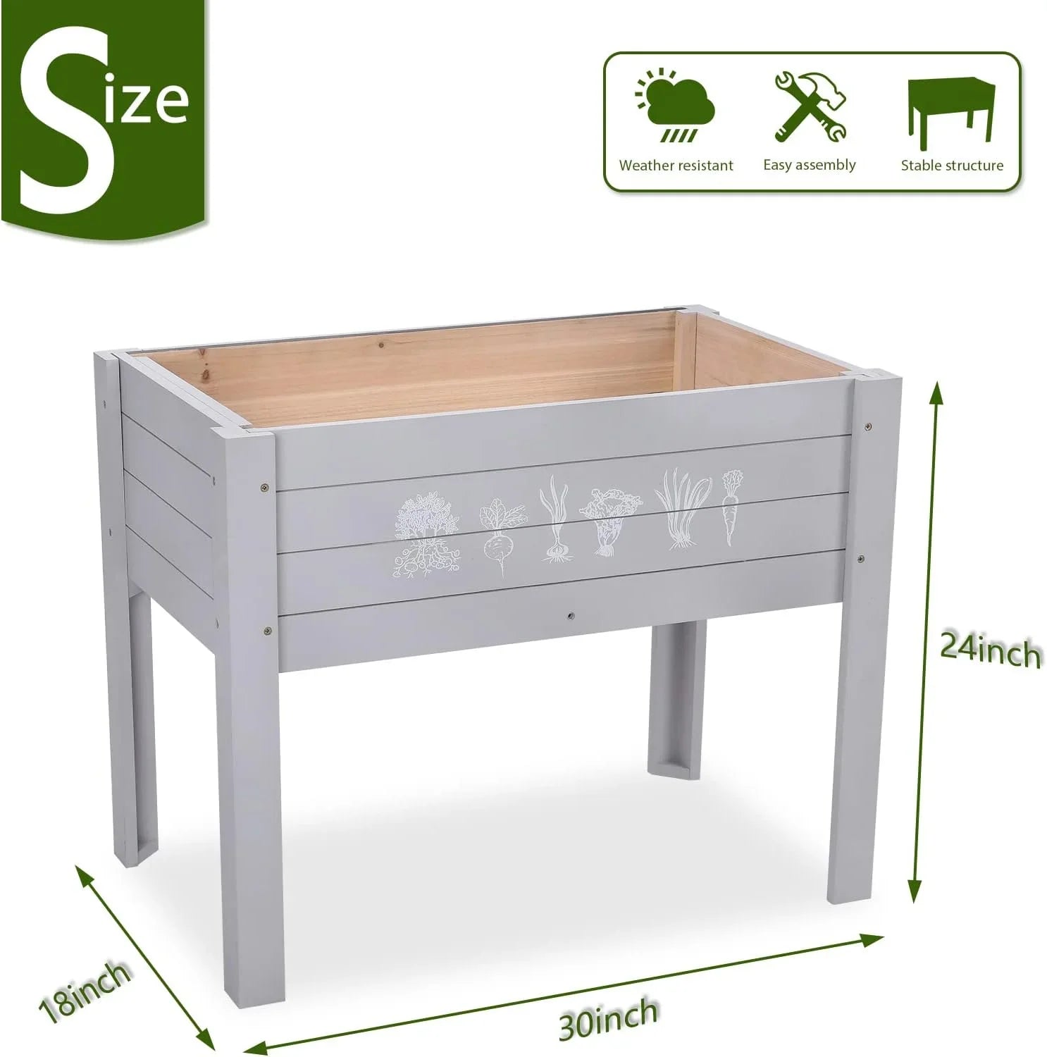 Kids Raised Garden Bed, 30 x 24 x 18 Inch Wooden Elevated Raised Garden Bed for Kids Outdoor Raised Planter Box for Vegetables Grass Lawn Yard, Light Grey