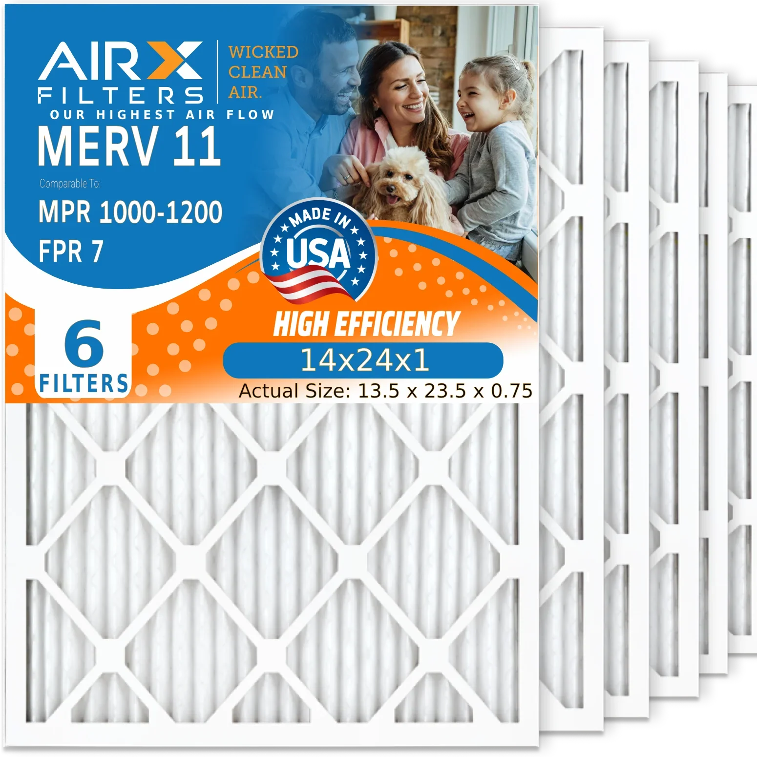 14x24x1 Air Filter MERV 11 Comparable to MPR 1000, MPR 1200 & FPR 7 Electrostatic Pleated Air Conditioner Filter 6 Pack HVAC Premium USA Made 14x24x1 Furnace Filters by AIRX FILTERS WICKED CLEAN AIR.