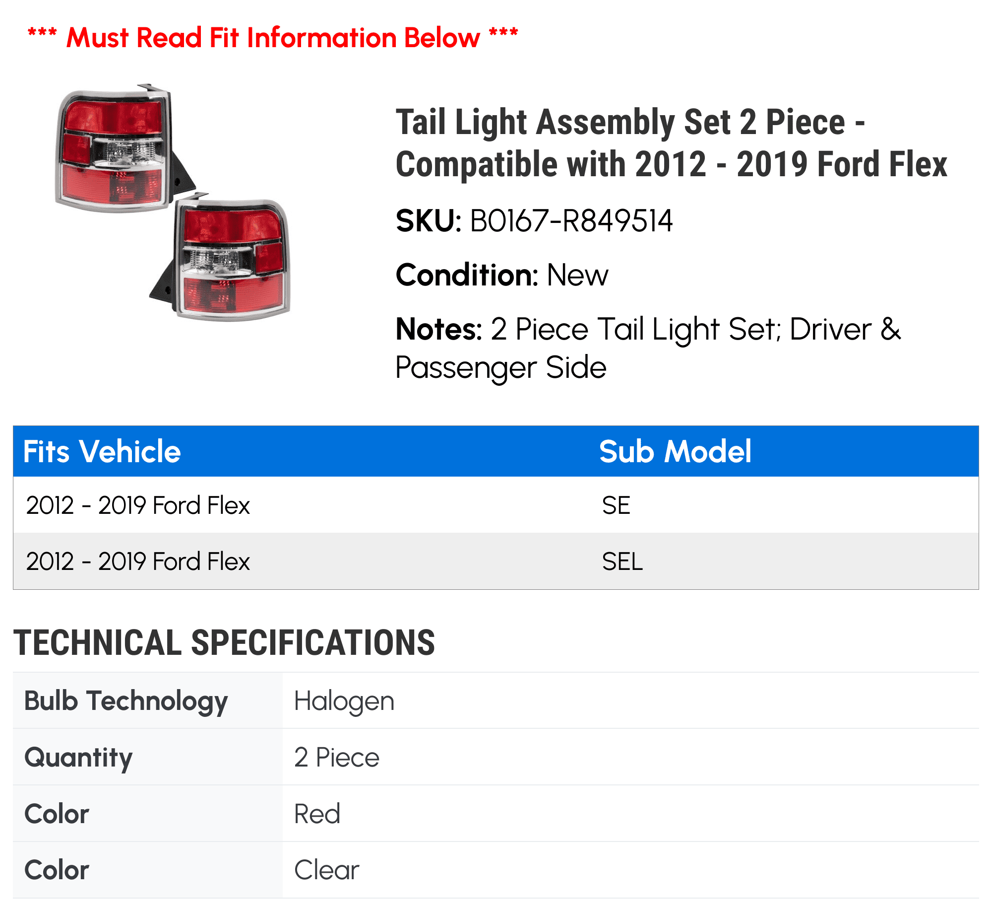 Tail Light Assembly Set 2 Piece - Compatible with 2012 - 2019 Ford Flex 2013 2014 2015 2016 2017 2018