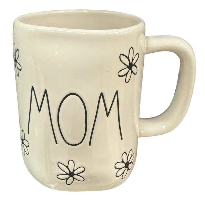 Rae Dunn MOM Ivory Ceramic Mug Black LL Letters Black Daisys 16 oz dishwasher safe may get hot in Microwave Mother's Day