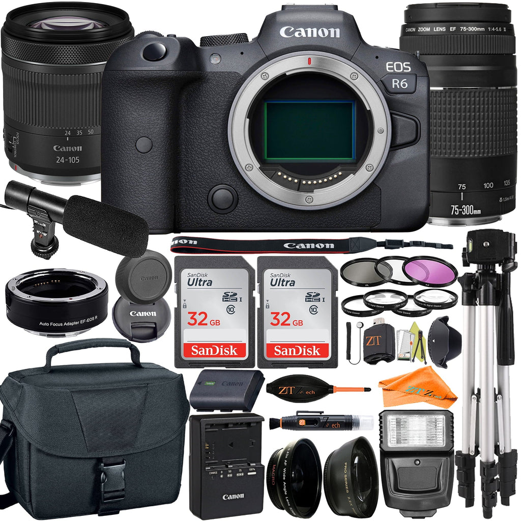 EOS R6 Mirrorless Digital Camera with RF 24-105mm STM + 75-300mm Lens + Mount Adapter + 2 Pack SanDisk 32GB + ZeeTech Accessory