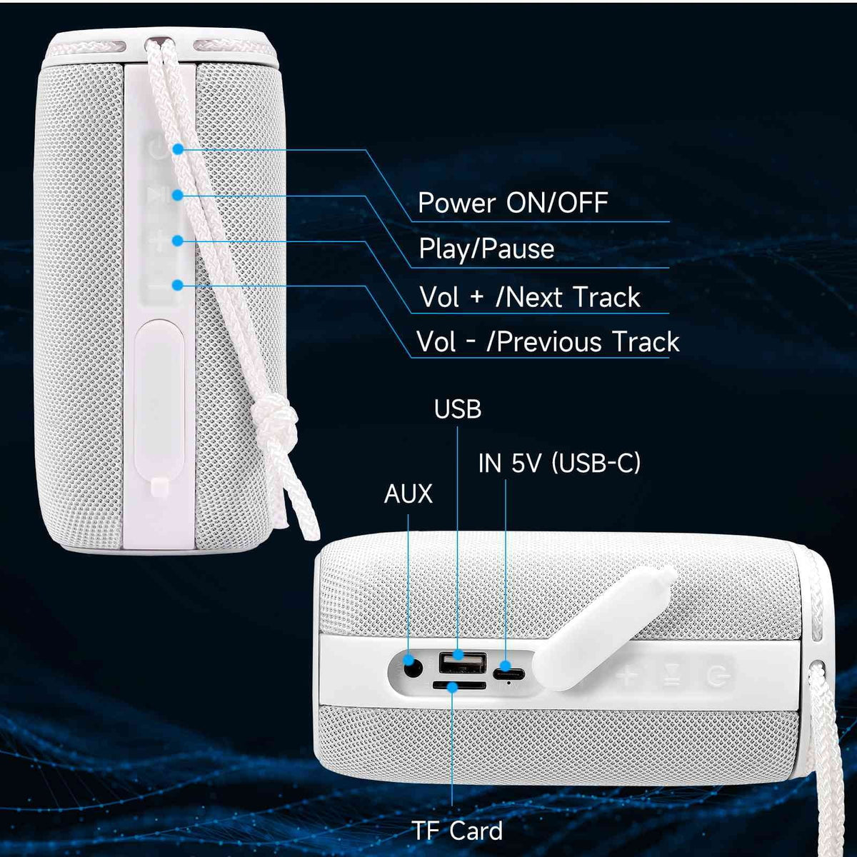 UrbanX Scorpio Series Bluetooth Speaker, IPX5 Liquid Speakers 360° HD Surround Sound with Punchy Bass, True Wireless Pairing, BT5.3, Portable Speaker for Q51 - White