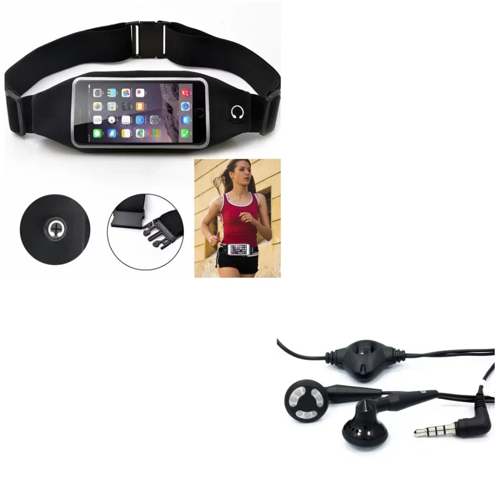 Black Sport Workout Belt Waist Bag Case w Headset OEM 3.5mm Handsfree Earphones A6Z for ZenFone Max Plus M1, ROG Phone, AR 5z 4 Pro 3 Max 2E 2 - Blackberry Z30, Priv, DTek50, Leap, Motion