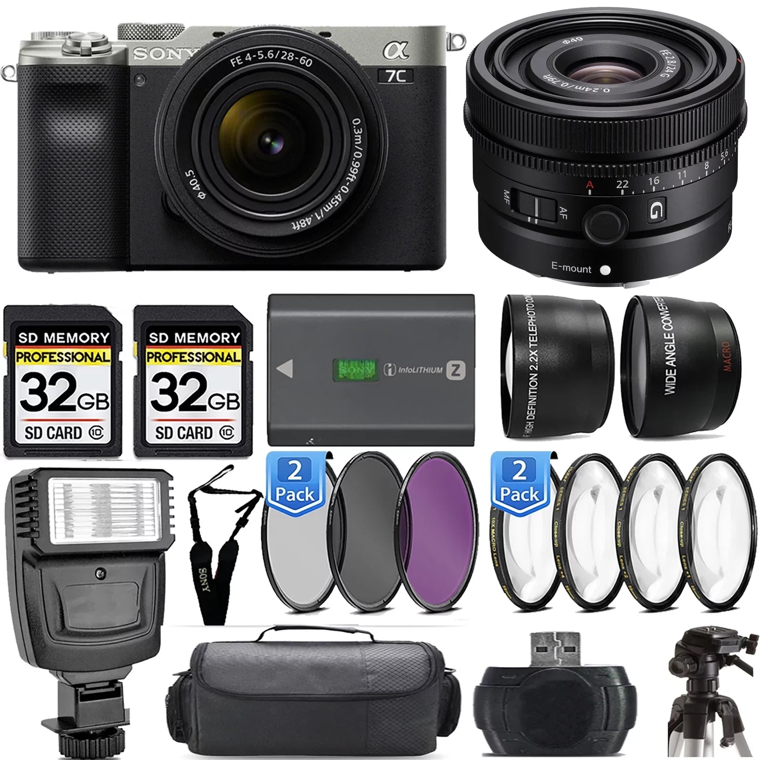 a7C Mirrorless Camera (Silver) with 28-60mm Lens+24mm f/2.8 G Lens +Flash- Kit