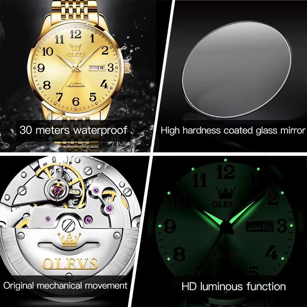 OLEVS Gold Watch for Men Self Winding Large Face Arabic Numerals Dial Easy Reader Liquid Reloj Para Hombre, Gifts for Men, Male Adult Wristwatch