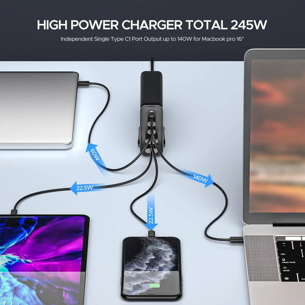Key Power 245W USB C Charger Station, 140W PD 3.1 GaN Type C Power Adapter with 4Port Fast Charge for Macbook Air/ Pro 16", XPS, iPad, iPhone, Galaxy, Steam Deck