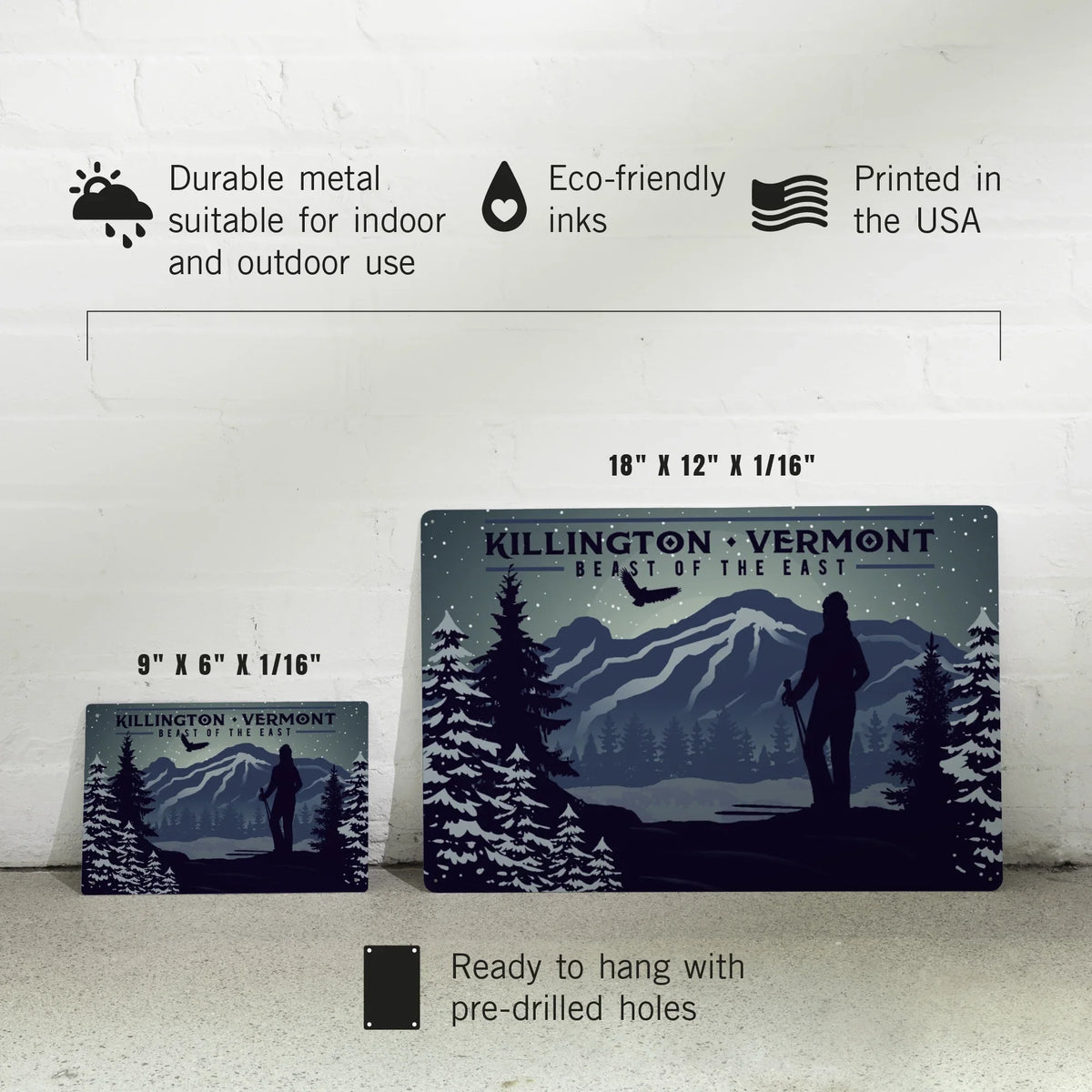 Killington, Vermont, Beast of the East, Skier and Mountain (12x18 Aluminum Art, Indoor Outdoor Metal Sign Decor)