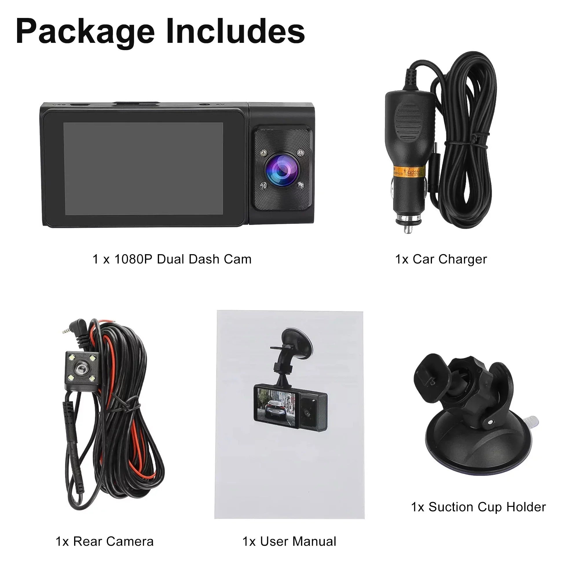 Dash Cam Front and Rear, TSV 3 Channel Dual Dash Camera, 1080P Car Camera DVR Backup Cam with Night Vision, G-Sensor