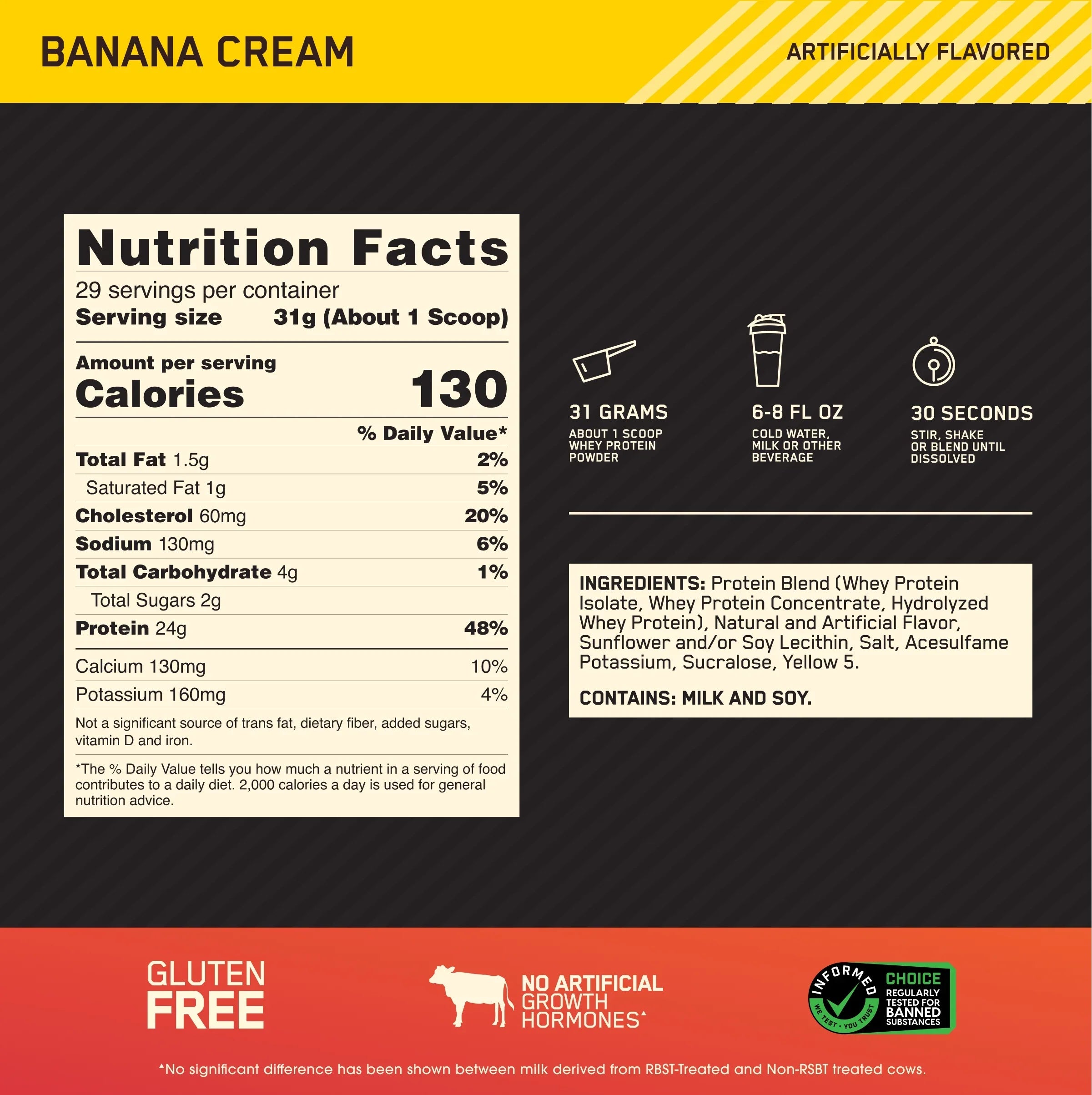Optimum Nutrition, Gold Standard 100% Whey Protein Powder, Banana Cream, 2 lb, 29 Servings