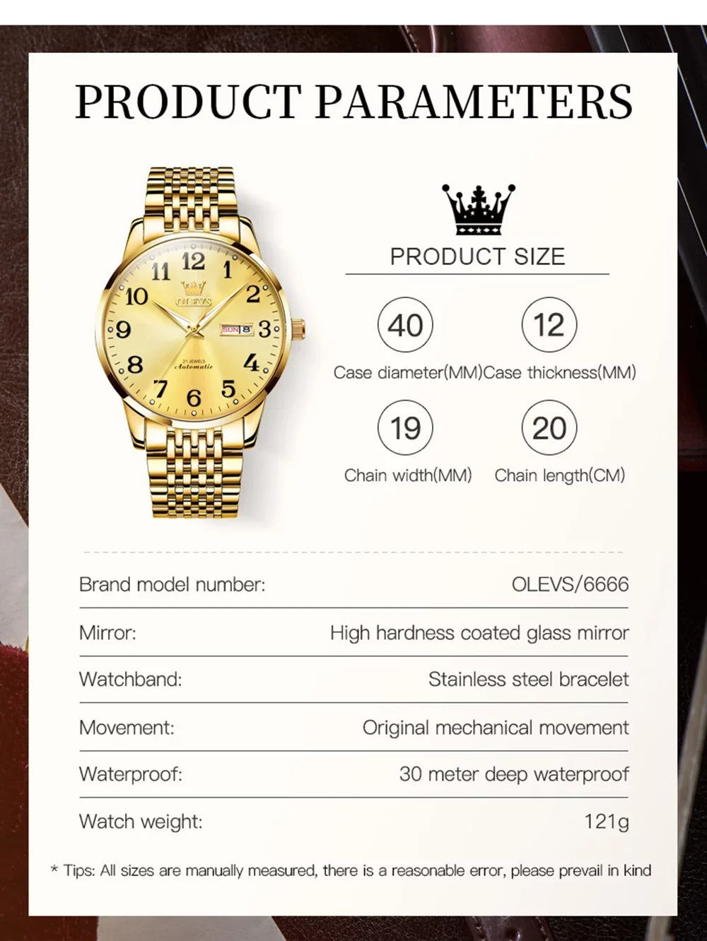 OLEVS Gold Watch for Men Self Winding Large Face Arabic Numerals Dial Easy Reader Liquid Reloj Para Hombre, Gifts for Men, Male Adult Wristwatch