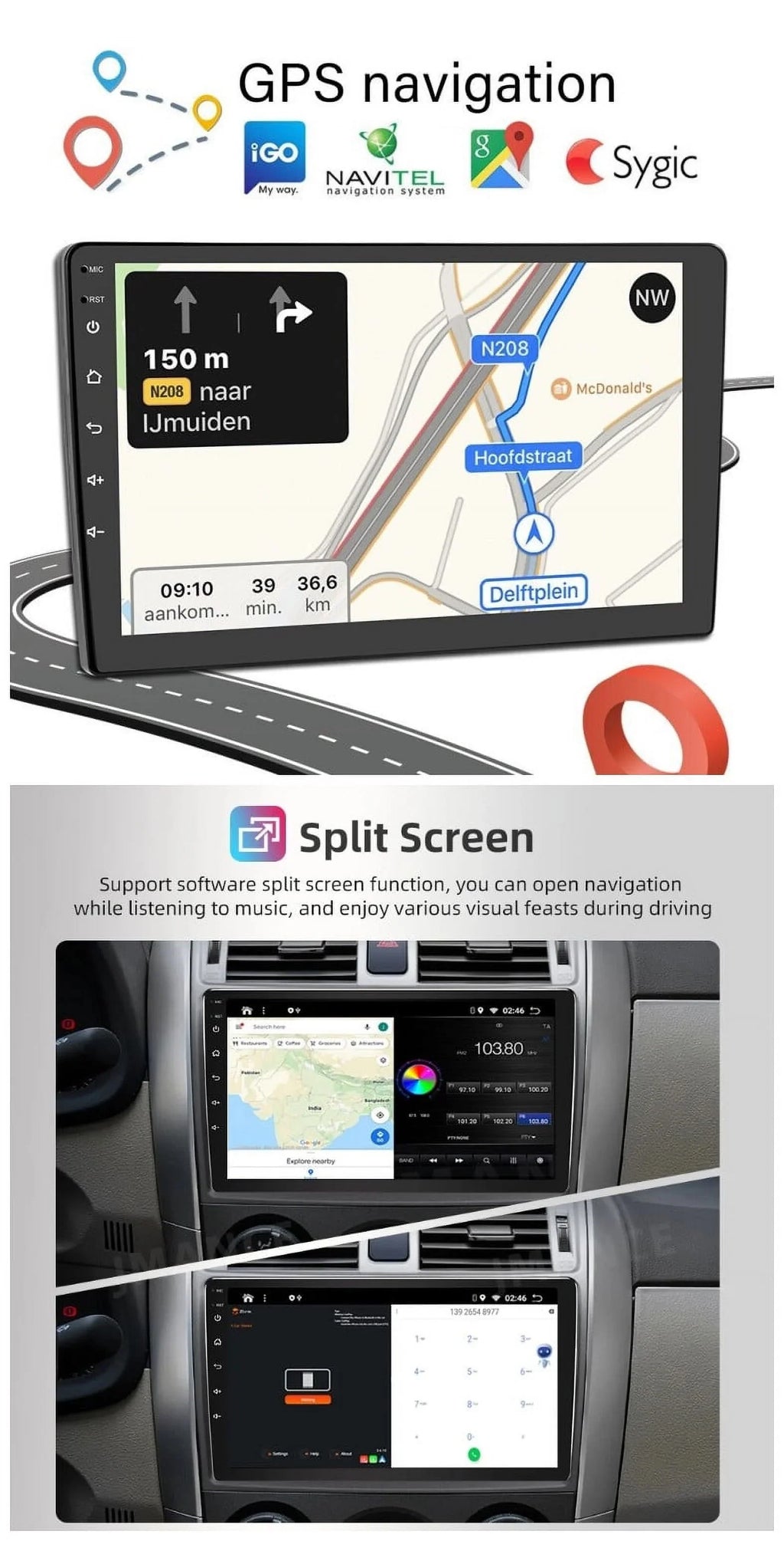 Android 2+32GB Car Stereo Wireless Carplay Android Auto Double Din Radio 9" 1280*720 IPS Monitor WiFi GPS Navigation Bluetooth USB FM/RDS Receiver AHD Backup Camera
