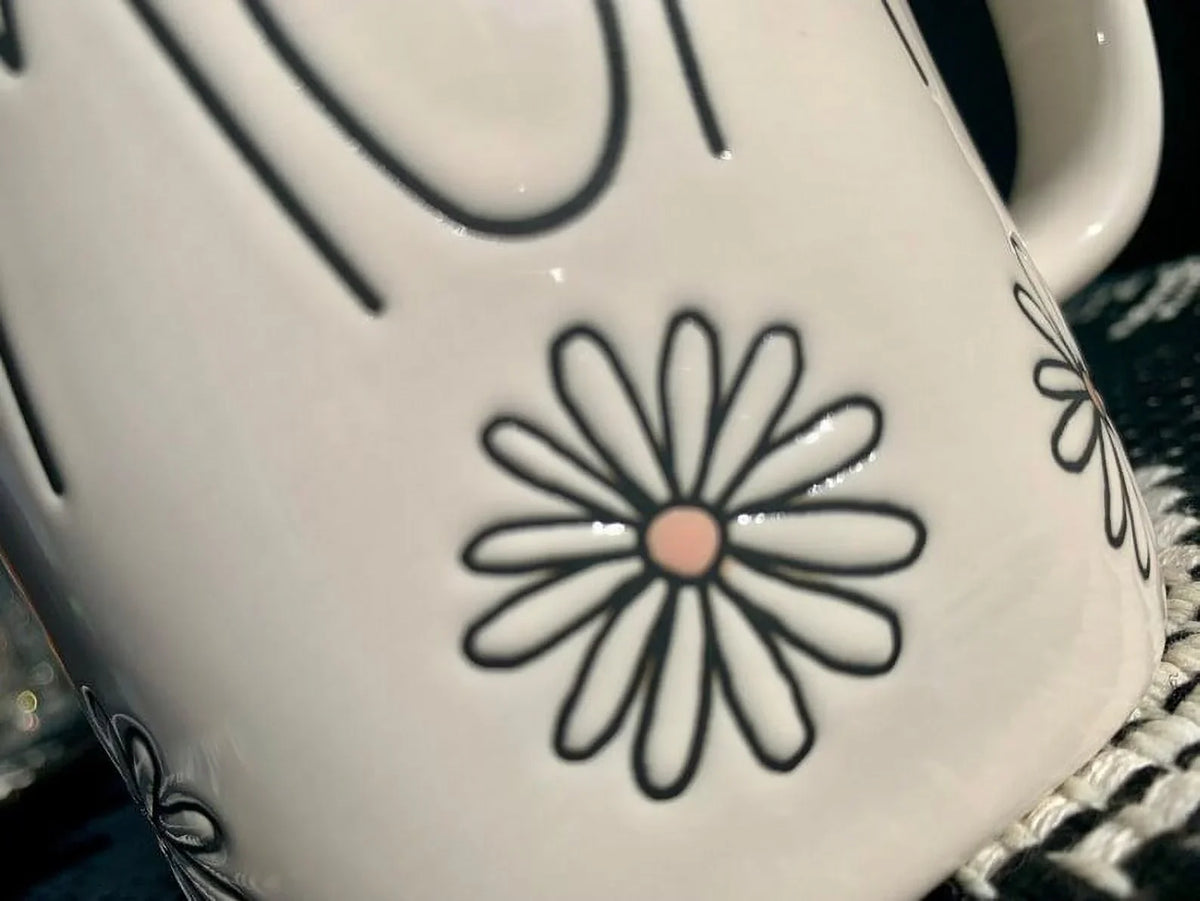 Rae Dunn MOM Ivory Ceramic Mug Black LL Letters Black Daisys 16 oz dishwasher safe may get hot in Microwave Mother's Day