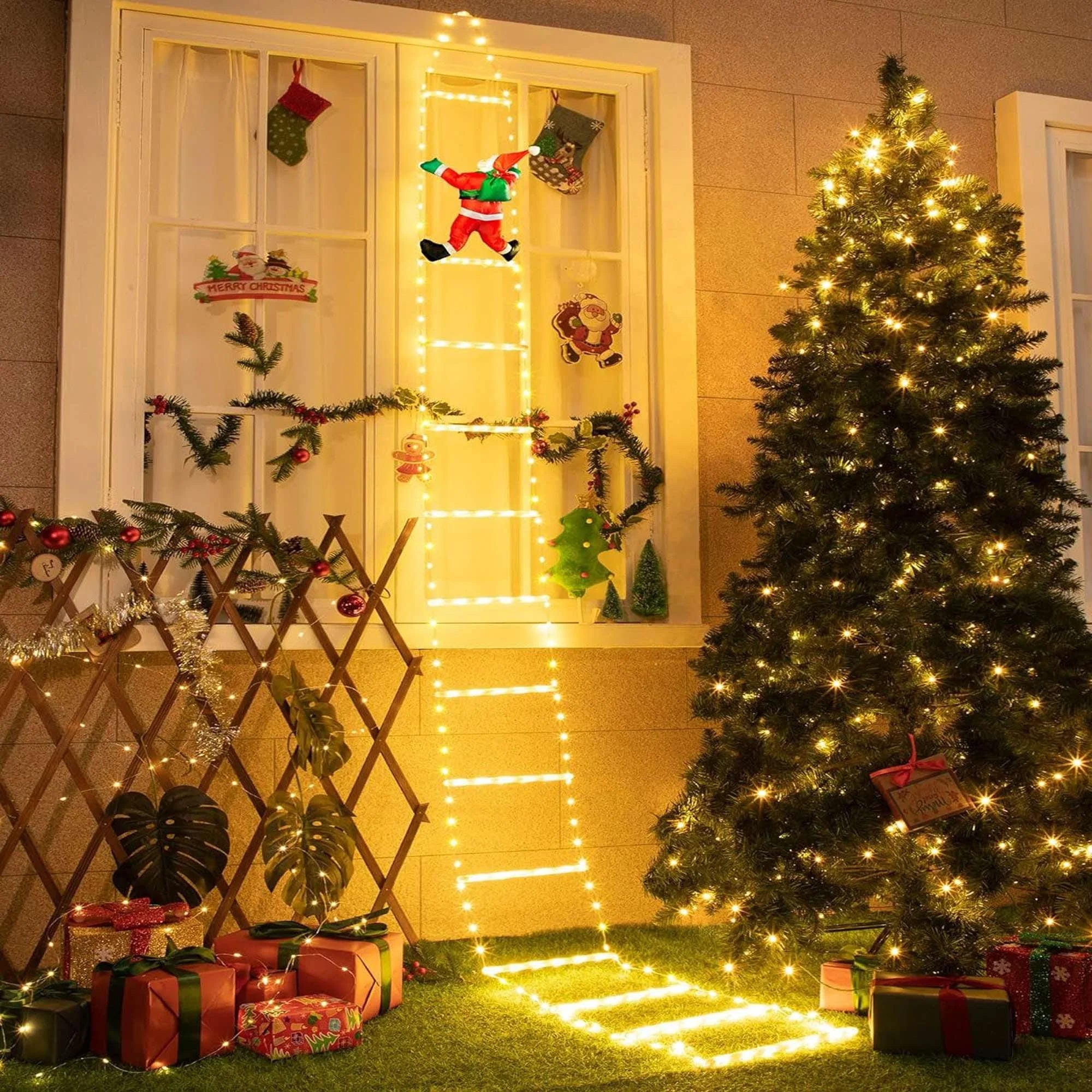 Lava Outdoor Christmas Lights 10.5 ft Led Ladder Lights with Climbling Santa Claus Fluid Xmas Lights for Garden Home Wall Roof Porch Xmas Tree Decor