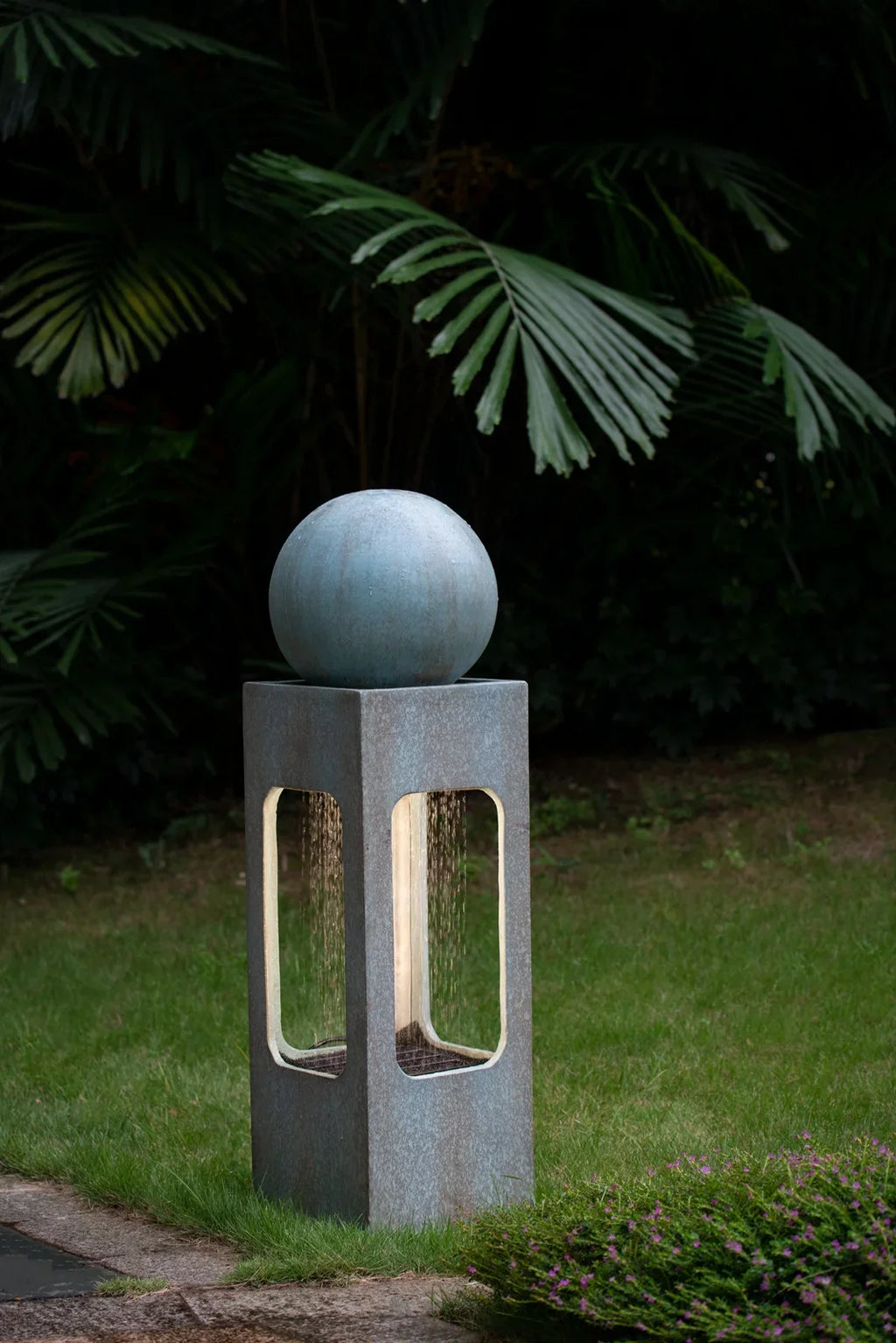 CoSoTower 13X13X44" Tall Contemporary Sphere Outdoor Liquid Fountain, Cement/Concrete Outdoor Fountain, Antique Blue Raindrop Fluid Feature with Light for Garden, Lawn, Deck & Patio