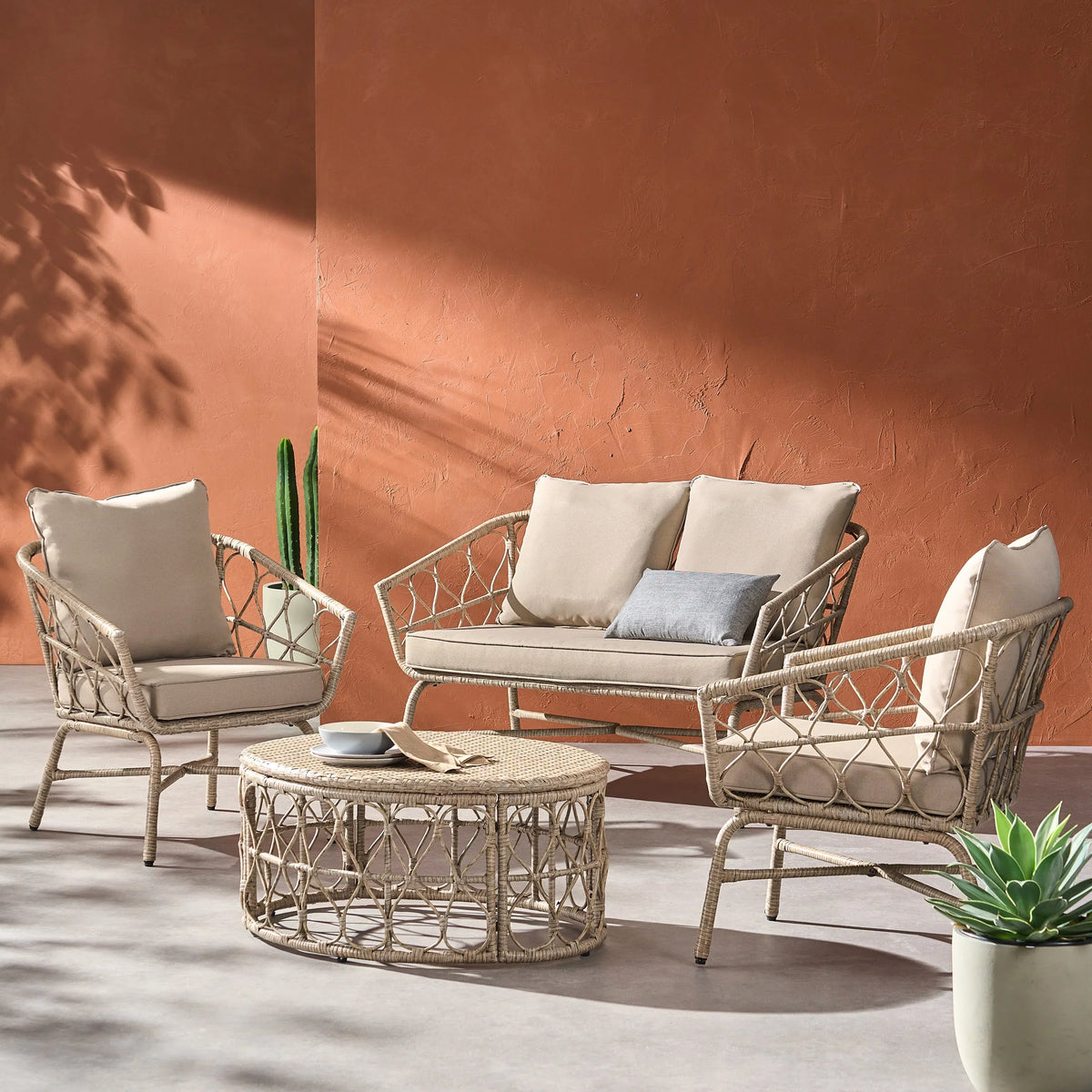 Montserrat Wicker Outdoor 4 Seater Chat Set with Cushions, Light Brown and Beige