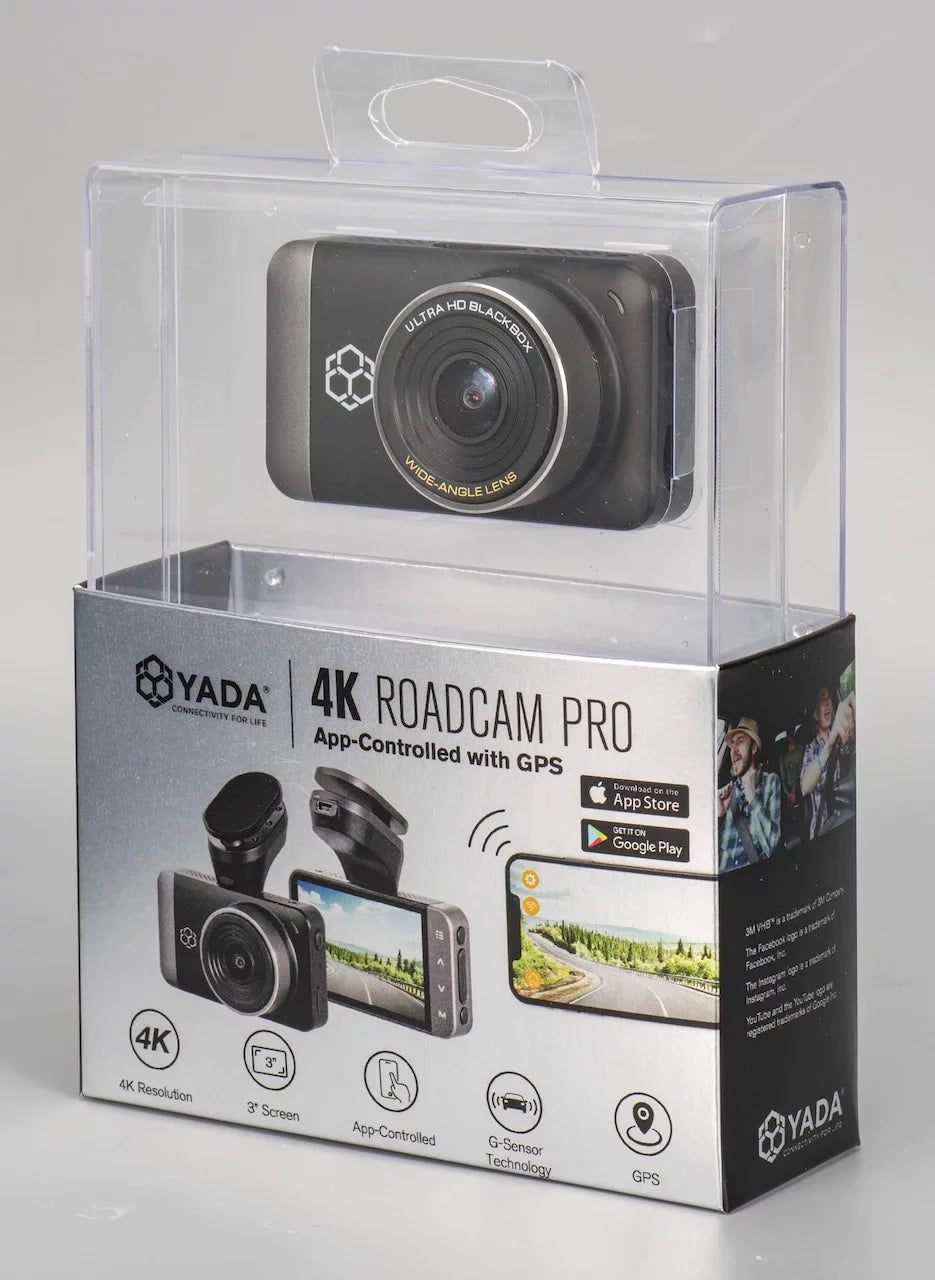 Yada 4K Roadcam Pro GPS with App, 150 Degree Wide Angle Lense, 3" LCD Monitor UHD Resolution High Dynamic Range for Day/Night. G-Sensor Technology with Park and Record Mode