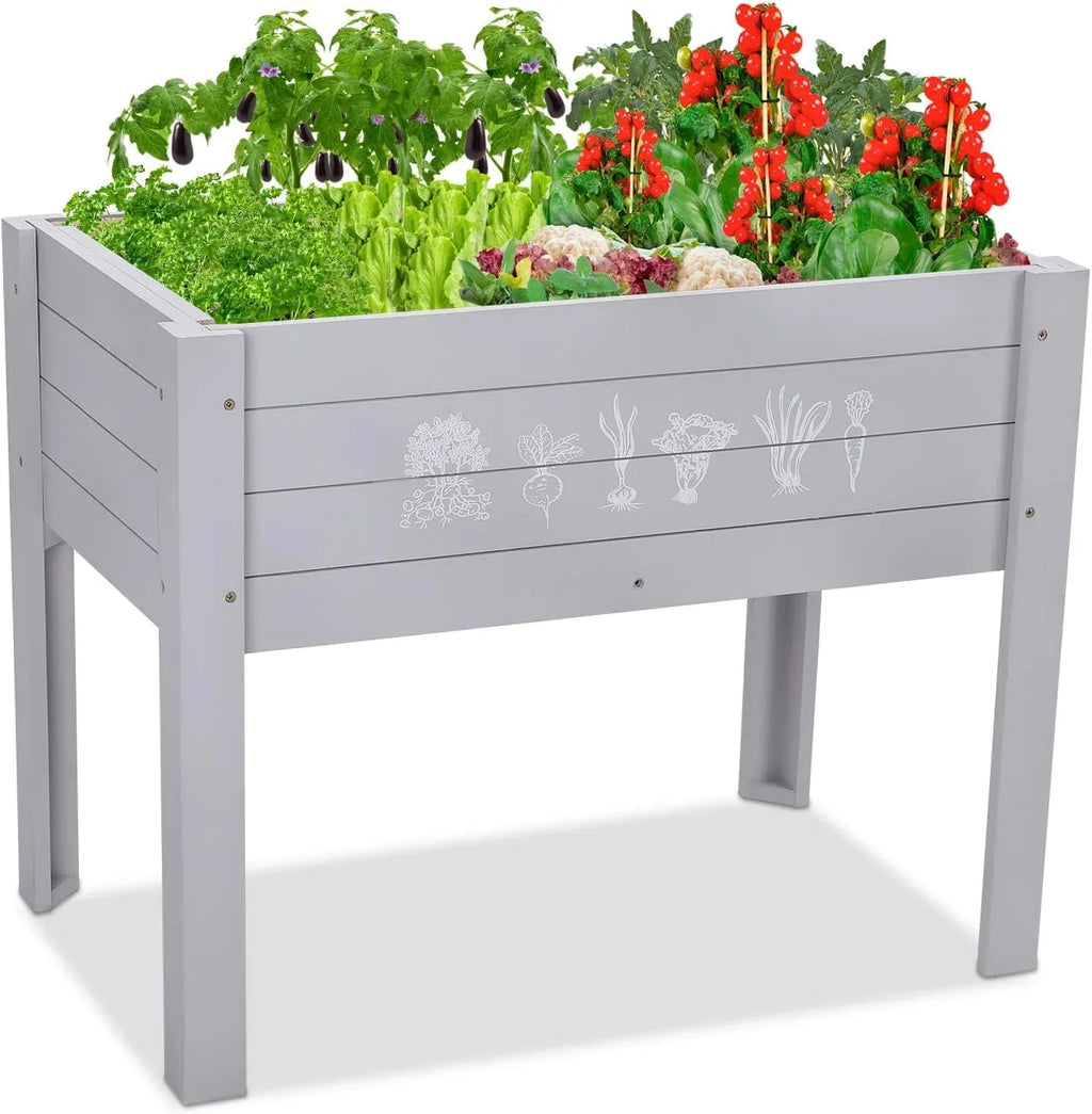 Kids Raised Garden Bed, 30 x 24 x 18 Inch Wooden Elevated Raised Garden Bed for Kids Outdoor Raised Planter Box for Vegetables Grass Lawn Yard, Light Grey