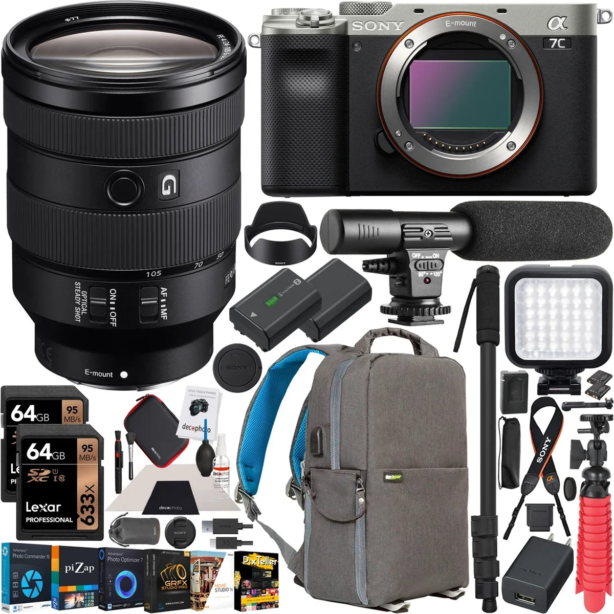a7C Mirrorless Full Frame Camera Body with FE 24-105mm F4 G OSS Zoom Lens SEL24105G Silver ILCE7C/S Bundle with Deco Gear Photography Backpack Case , Software and Accessories