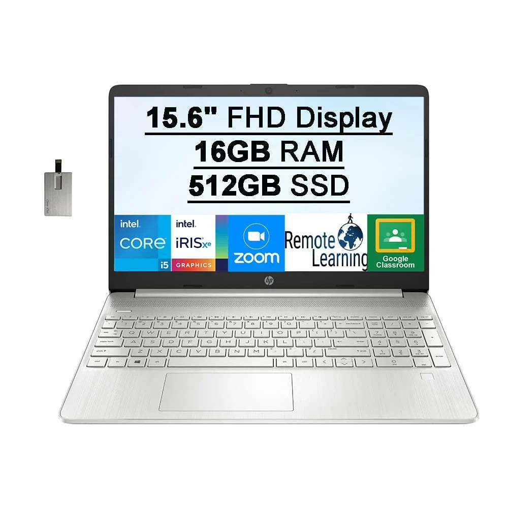 2021 15.6" FHD IPS Portable computer Computer, Core i5-1135G7(Beats i7-1065G7), 16GB RAM, 512GB PCIe SSD, Iris Xe Graphics, HD Webcam, HD Audio, Fingerprint, HDMI, Win 10S, Silver, 32GB USB Card