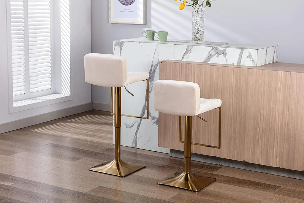 xrboomlife Velvet Stools Modern Swivel Counter Height Barstools Height Adjustable Kitchen Stools for Island Chairs Island Stools Chair Gold sillas para barra de cocina (Ivory Set of