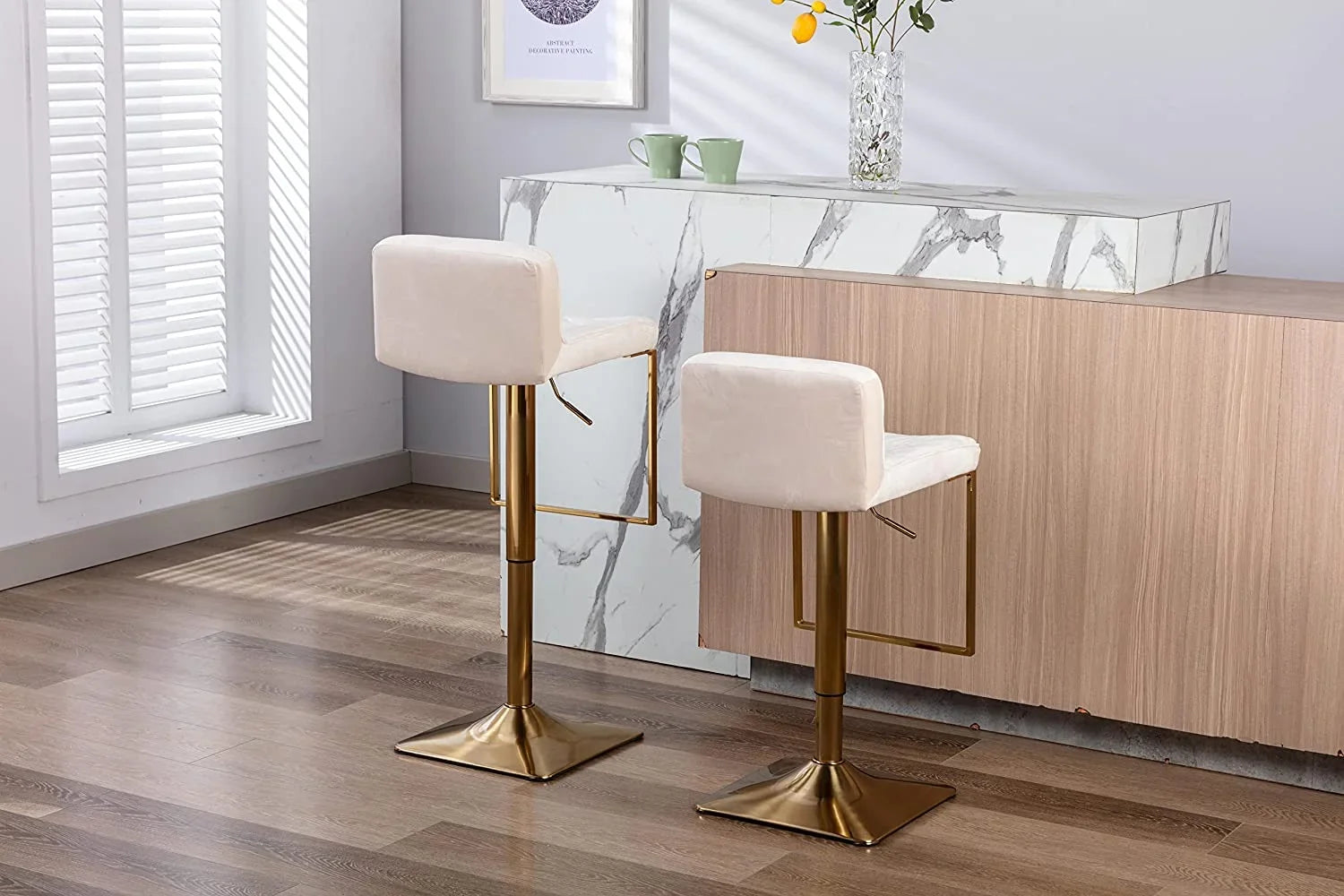 xrboomlife Velvet Stools Modern Swivel Counter Height Barstools Height Adjustable Kitchen Stools for Island Chairs Island Stools Chair Gold sillas para barra de cocina (Ivory Set of
