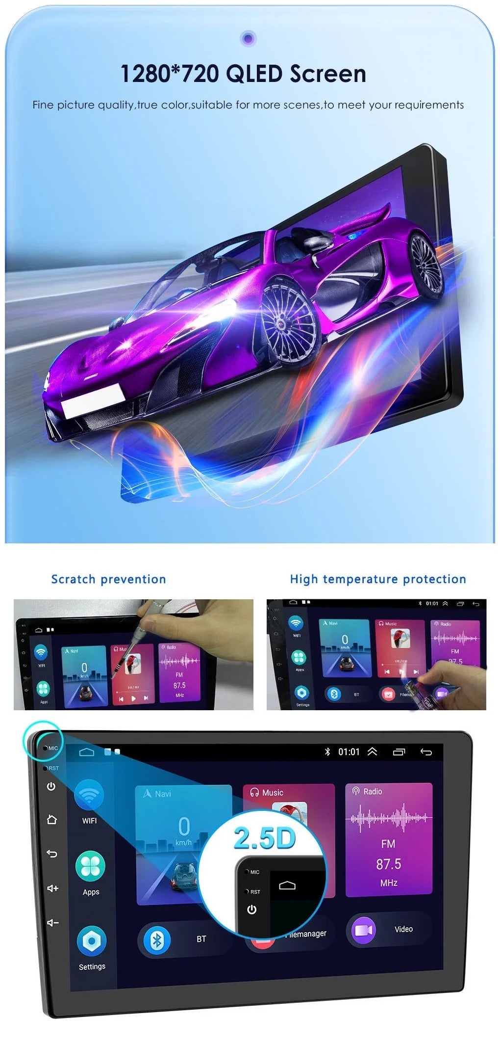 Android 2+32GB Car Stereo Wireless Carplay Android Auto Double Din Radio 10.1" 1280*720 IPS Display WiFi GPS Navigation Bluetooth USB FM/RDS Receiver AHD Backup Camera