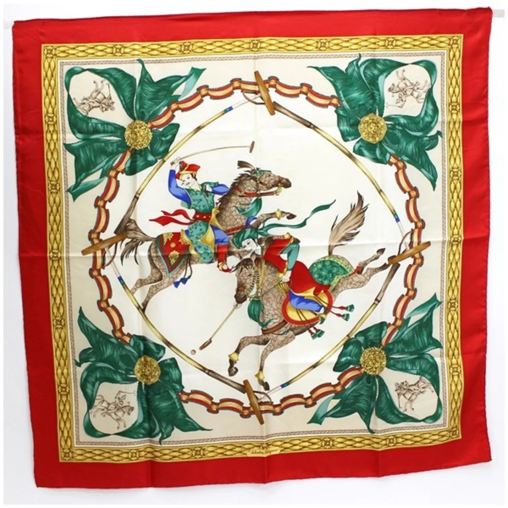 Pre-Owned Ferragamo Silk Scarf Stole Muffler Red x White Horse Pattern SALVATORE FERRAGAMO | Ladies (Good)