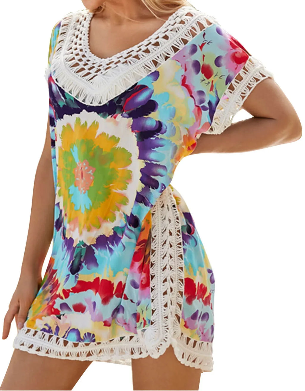 Beach Coverup Dress Floral Print Hollow Out Plus Size Swimwear Bikini Swimsuit Cover ups Bathing Suit Coverups