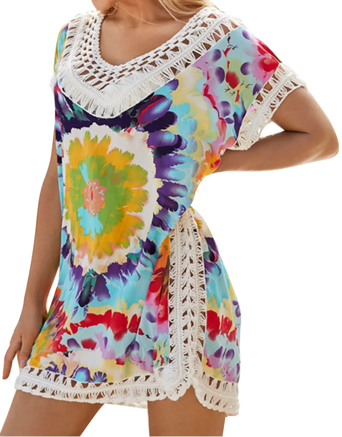 Beach Coverup Dress Floral Print Hollow Out Plus Size Swimwear Bikini Swimsuit Cover ups Bathing Suit Coverups