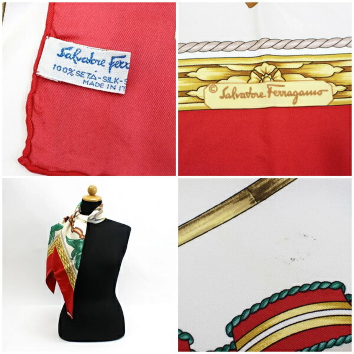 Pre-Owned Ferragamo Silk Scarf Stole Muffler Red x White Horse Pattern SALVATORE FERRAGAMO | Ladies (Good)