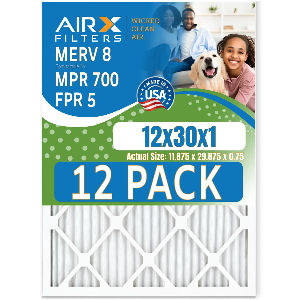12x30x1 Air Filter MERV 8 Rating, 12 Pack of Furnace Filters Comparable to MPR 700 & FPR 5 - Made in USA by AIRX FILTERS WICKED CLEAN AIR.