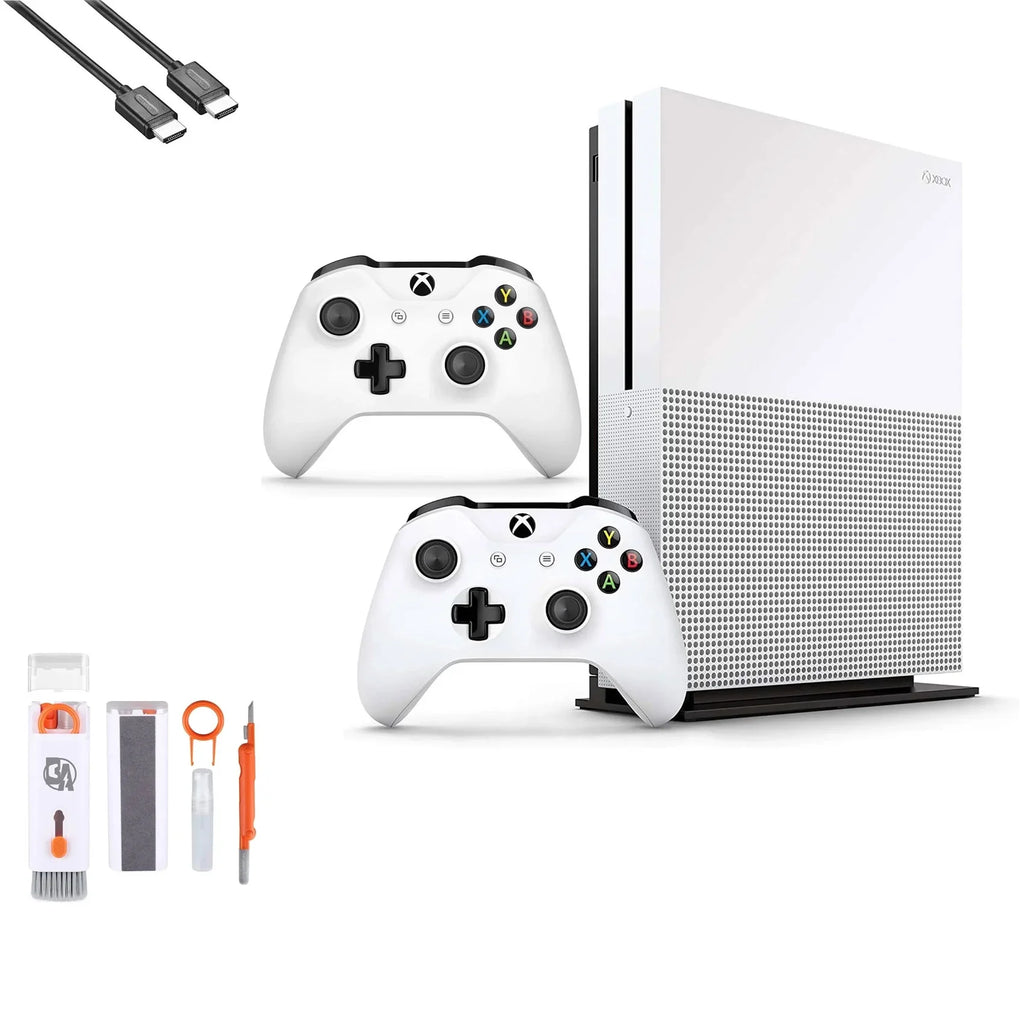 Xbox One S 1TB with 2 Controller, 4K Ultra HD White with BOLT AXTION Cleaning Kit HDMI Bundle Like New