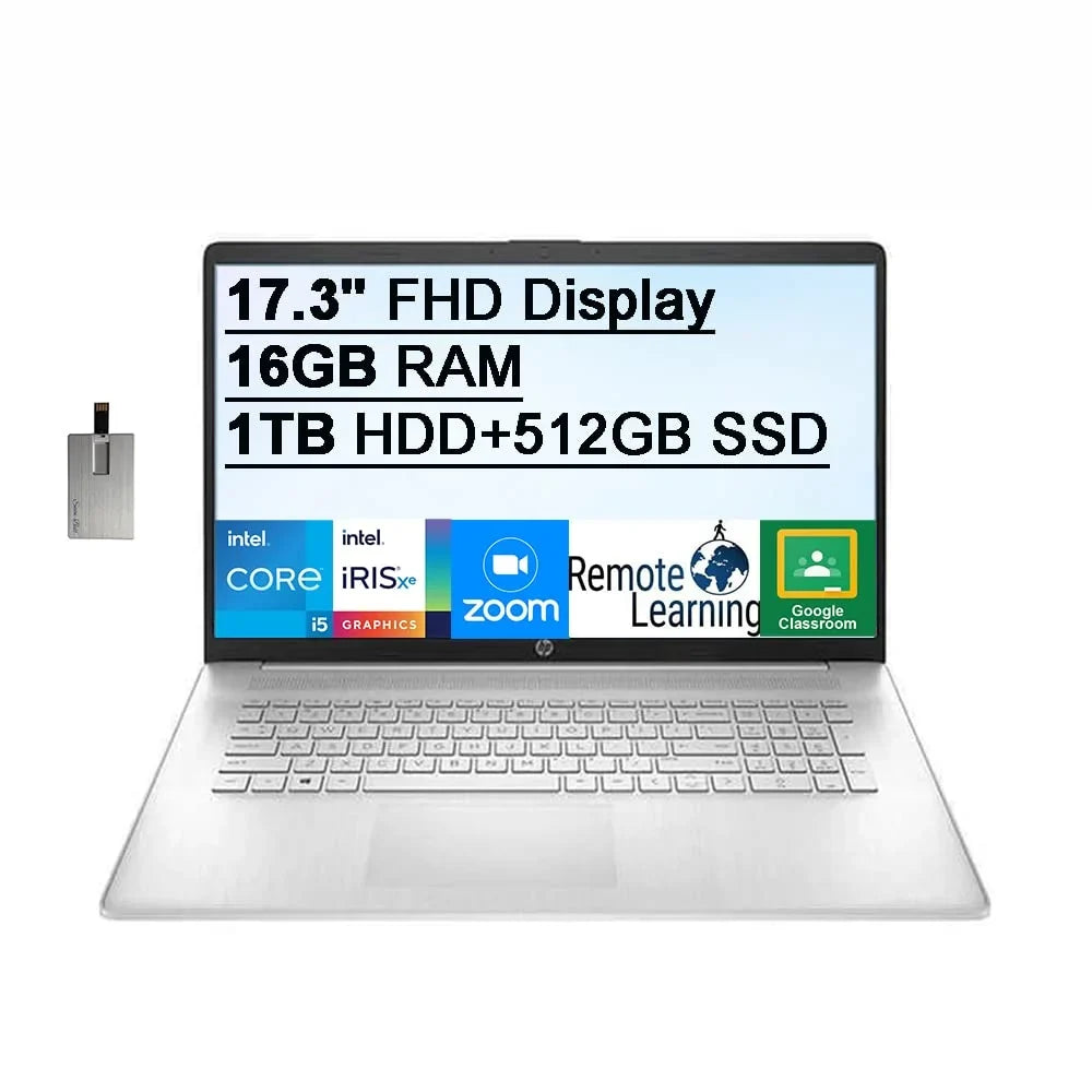 2021 17.3" FHD IPS 250 Nits Mobile pc Computer, Core i5-1155G7 Processor, 16GB RAM, 1TB HDD+512GB SSD, Backlit Keyboard, Iris Xe Graphics, HD Webcam, HD Audio, Win11, Silver, 32GB USB Card