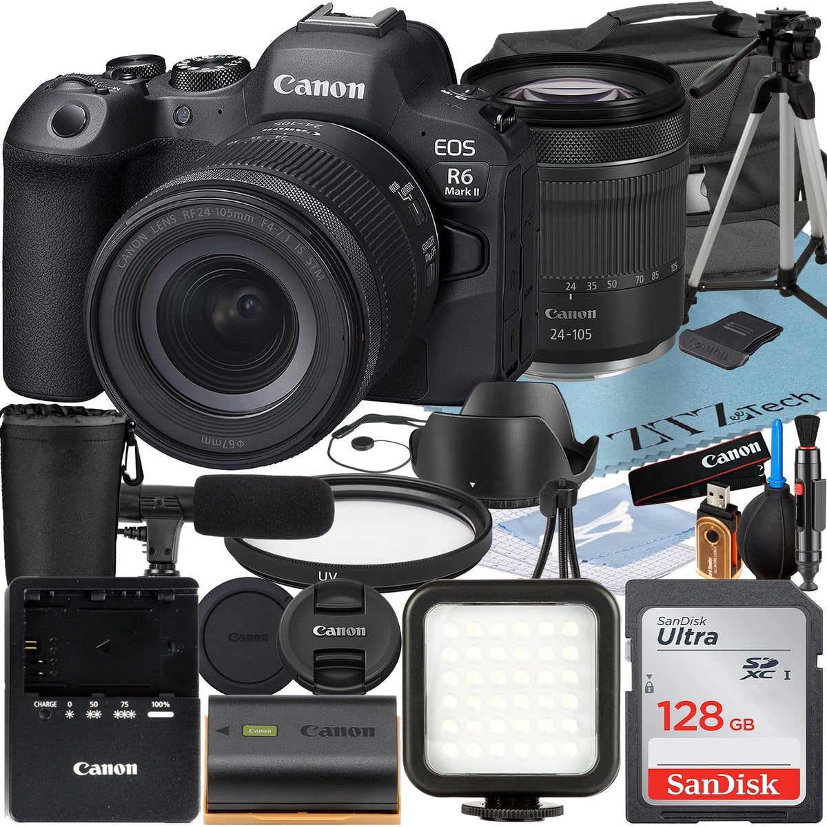 EOS R6 Mark II Mirrorless Camera with RF 24-105mm Lens + SanDisk 128GB Memory Card + Case + LED Flash + ZeeTech Accessory Bundle