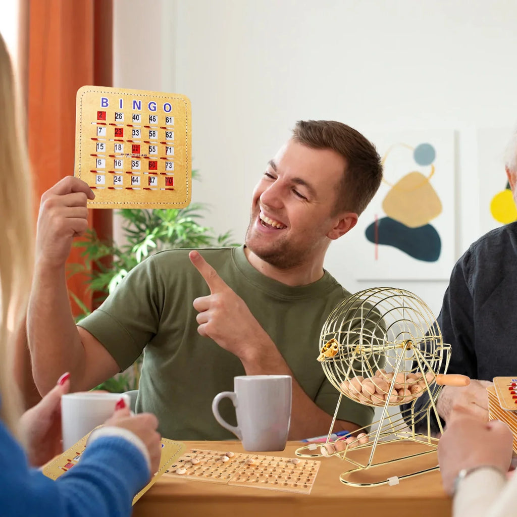 GSE Games & Sports Expert Deluxe Bingo Game Set with Gold Bingo Cage, Wood Masterboard, Wood Bingo Balls and Shutter Bingo Cards. Great for Kids, Adults and Family Party